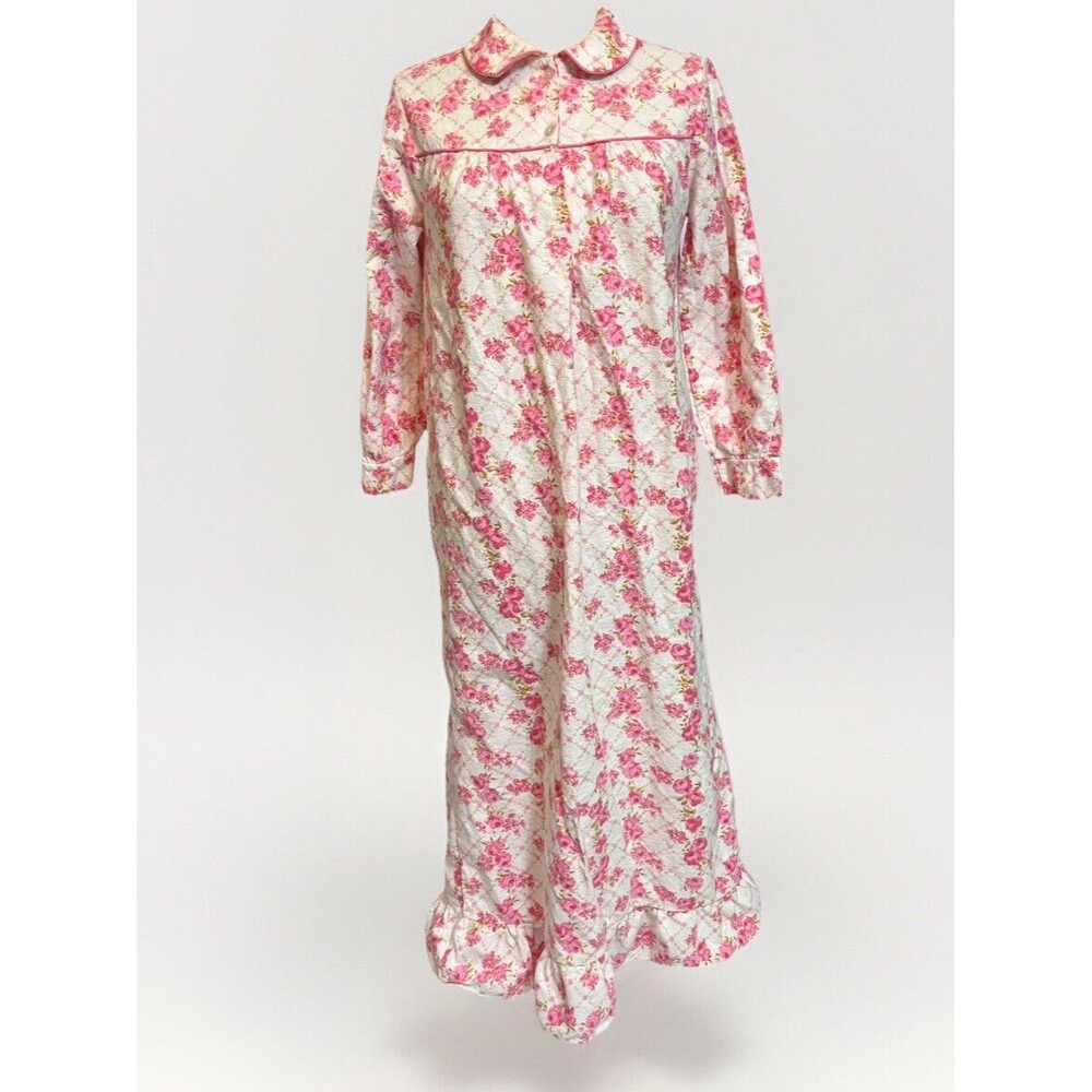 VTG French Dressing Floral Thick Flannel Nightgown Womens S Pink Prairie Cottage